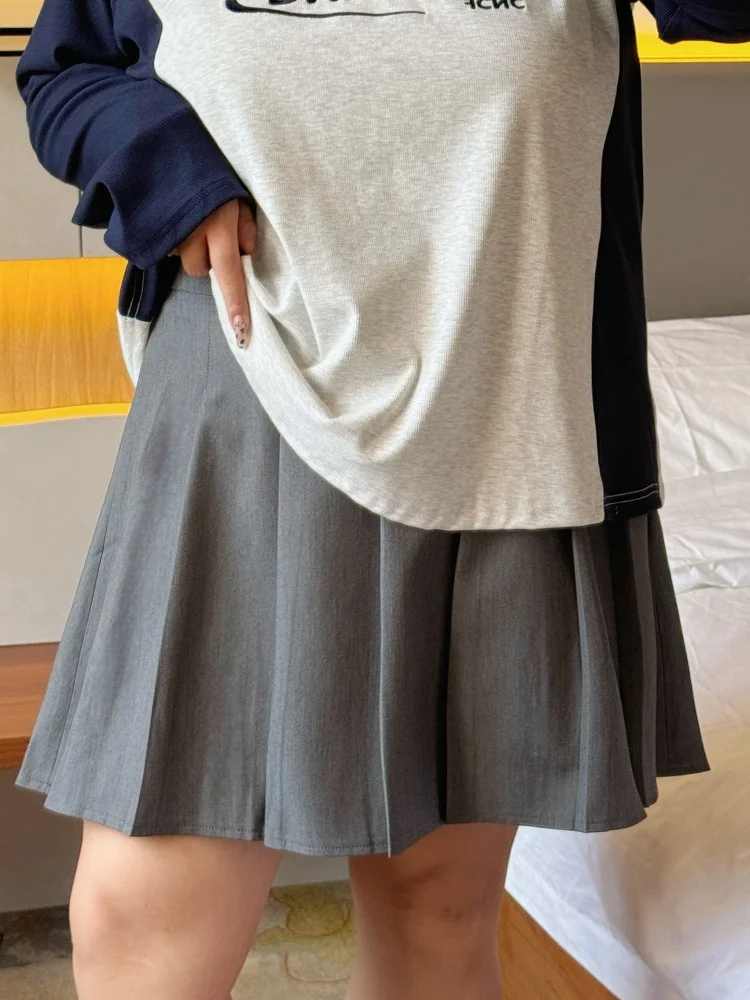 

Юбка миди плиссе с высокой талией больших размеров, весенняя, в студенческом стиле, А-силуэт, для женщин, из плотной ткани, повседневная, однотонная