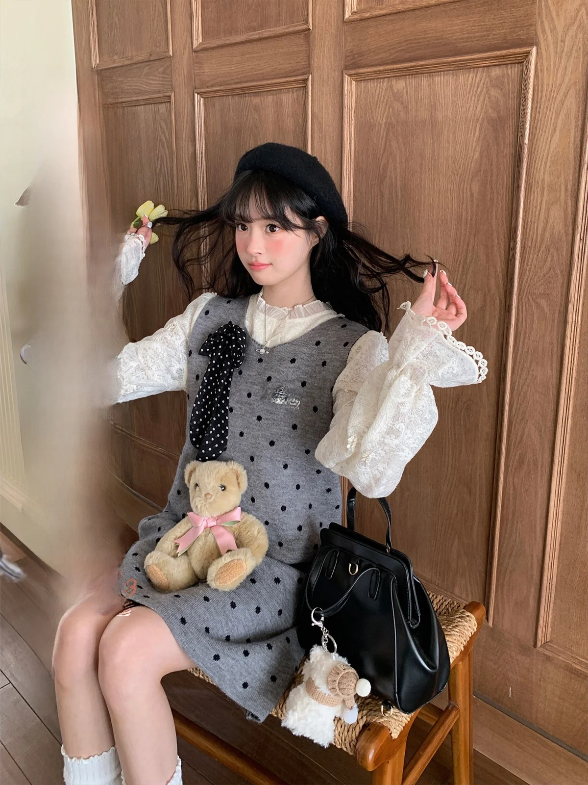 

Bibibency Spring 2025 Polka Dot Knitted Sweater Vest Dr Women's Base Layer Midi Skirt Sweet Sle Slim Fit No Brand Regist...