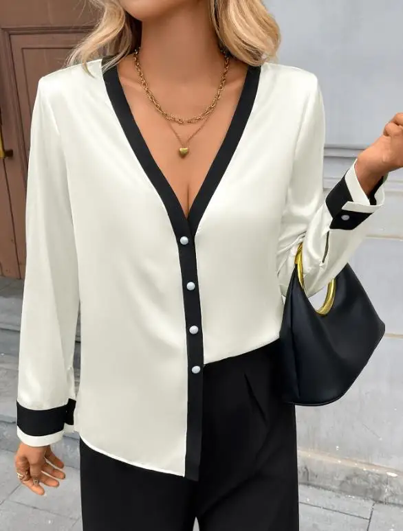 

Осень 2024, новый сексуальный элегантный стиль, жемчужная пуговица, глубокий v-образный вырез, однобортная рубашка с цветными блоками для женщин, футболки, пуловеры, топы