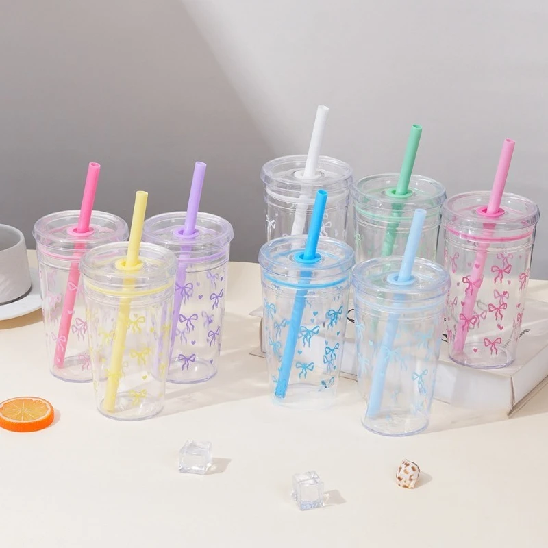 

475ML Transparent Plastic Water Cup Summer Milk Straw Plastic Cup Multi-color Thickened Coffee Office Water Bottle New Year Gift