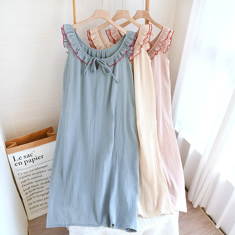 

Summer Solid Color Cotton Ruffle Edge Sleeveless Camisole Women's Nightgown Double-layer Gauze Long Style Night Wear Dress