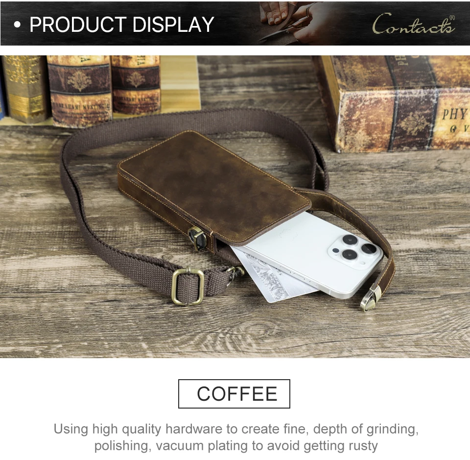 CONTACT'S Echtleder-Umhängetasche für Herren, Vintage-Hüfttasche für Handys, passend für 6,9" iPhone 17 Pro Max, Herren-Reise-Umhängetasche – Detail 13