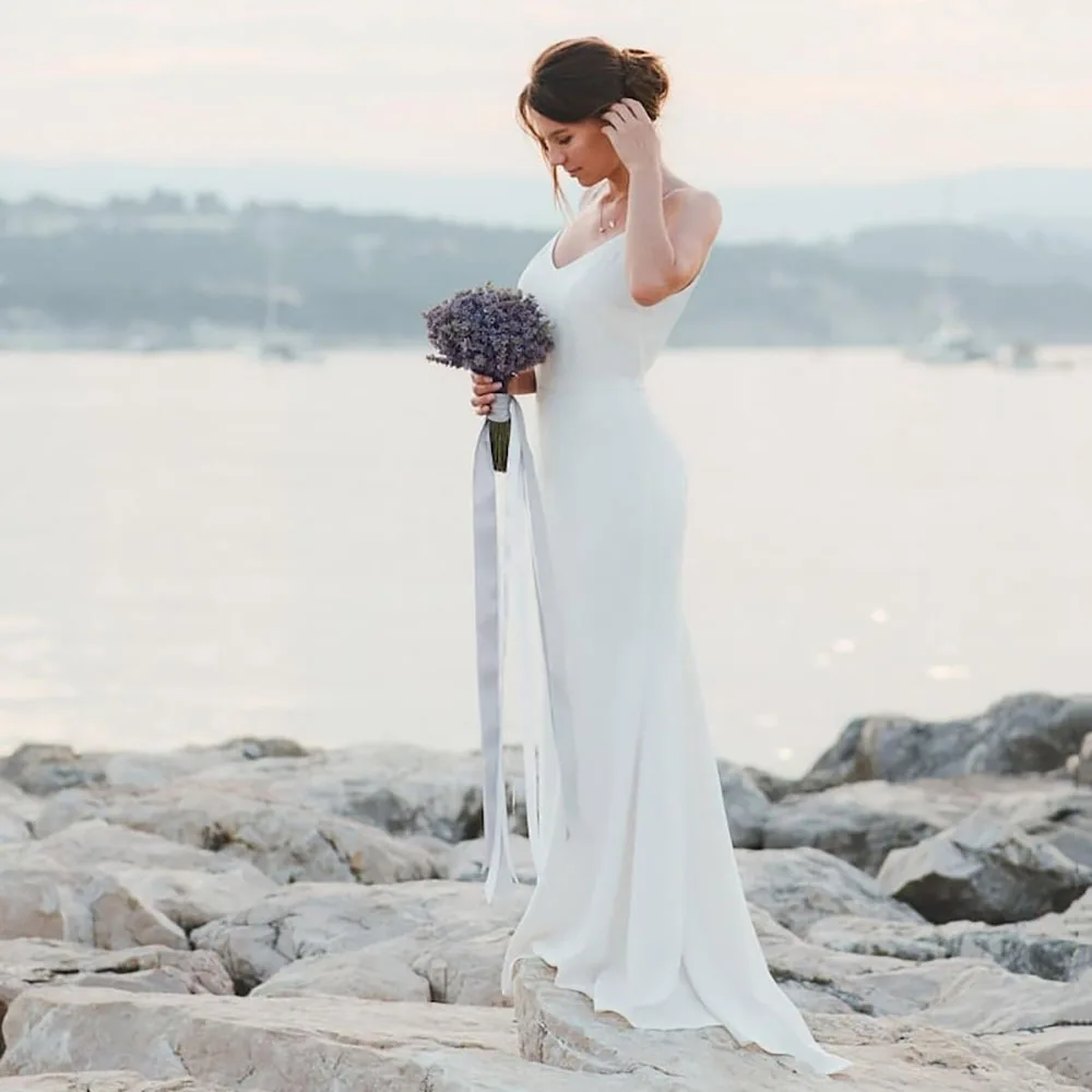

Summer Simple Wedding Dresses 2025 Backless Beach Bridal Dress Spaghetti Straps Boho Mermaid Bride Gown V Back Custom Made