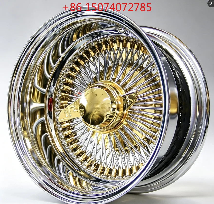 New Gold Deep Dish 100 Spoke Steel Wire Wheels Knock Off Rims 13x5.5 13x7 14x7 15 16 17 18 20x8 22x8 24x10 Retro