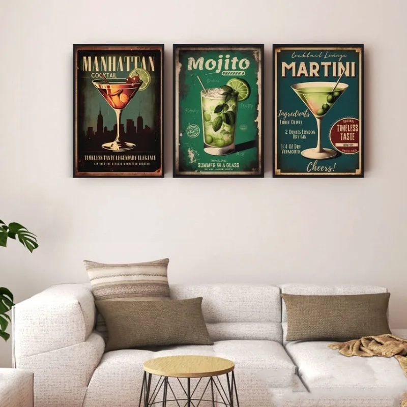 Retro Drink Cocktail Poster Vintage Advertisement Martini Beer Whiskey Coffee Canvas Painting Wall Art for Bar Room Home Decor