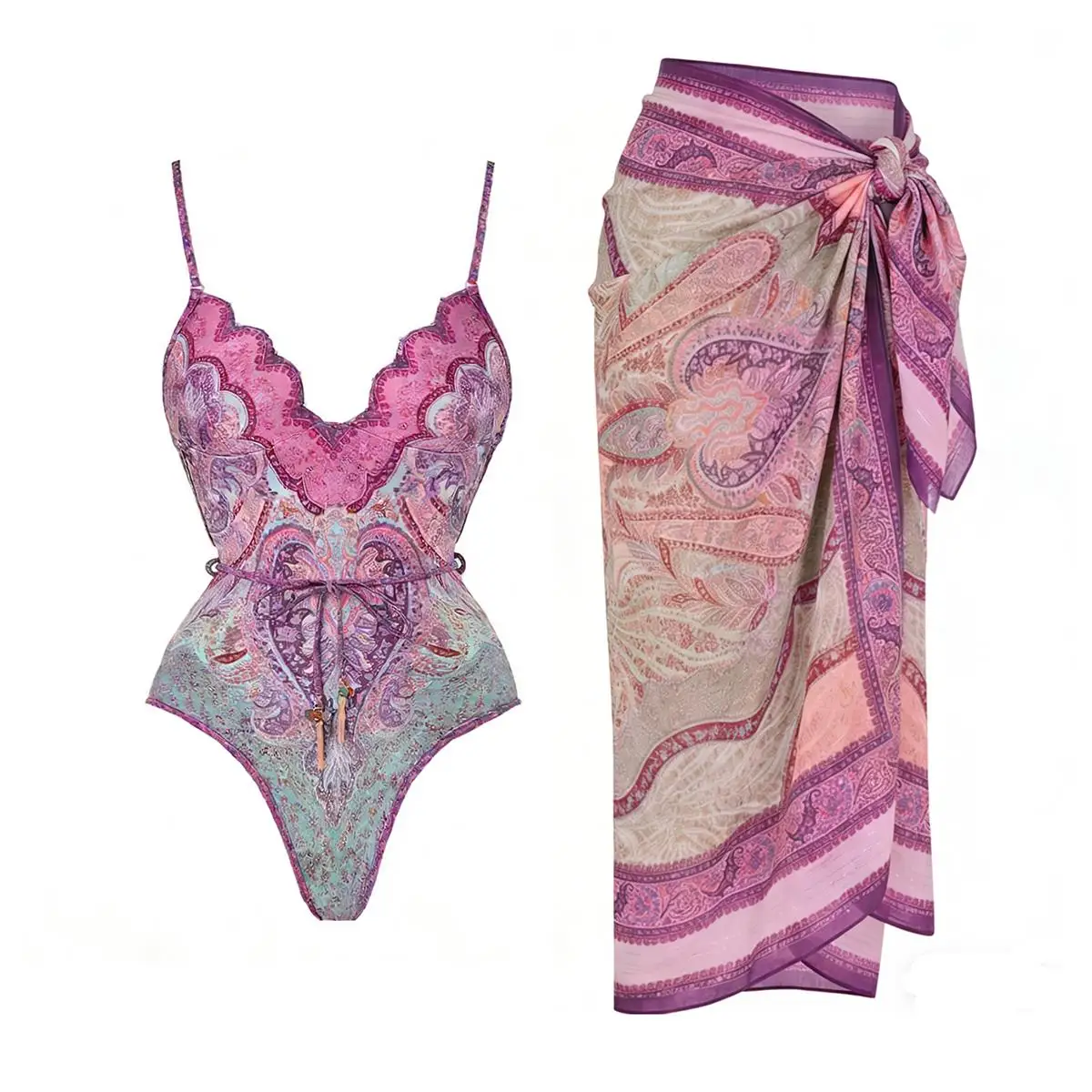 Neuer 2-teiliger Tiefer V-Ausschnitt Badeanzug 2026 Bandeau Biquini Sexy Bikini Damen Bedruckter Badeanzug mit Gürtel Bademode Strandkleidung