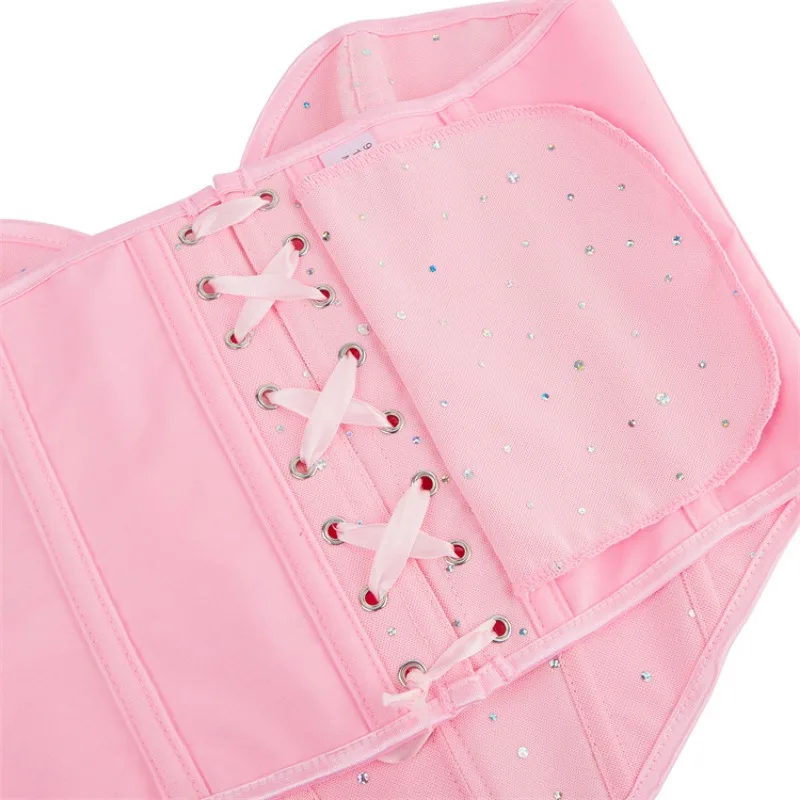 Women Corset Crop Tops Rhinestone Sexy Lace up Overbust Bustier Body Shaper Fashion Pink