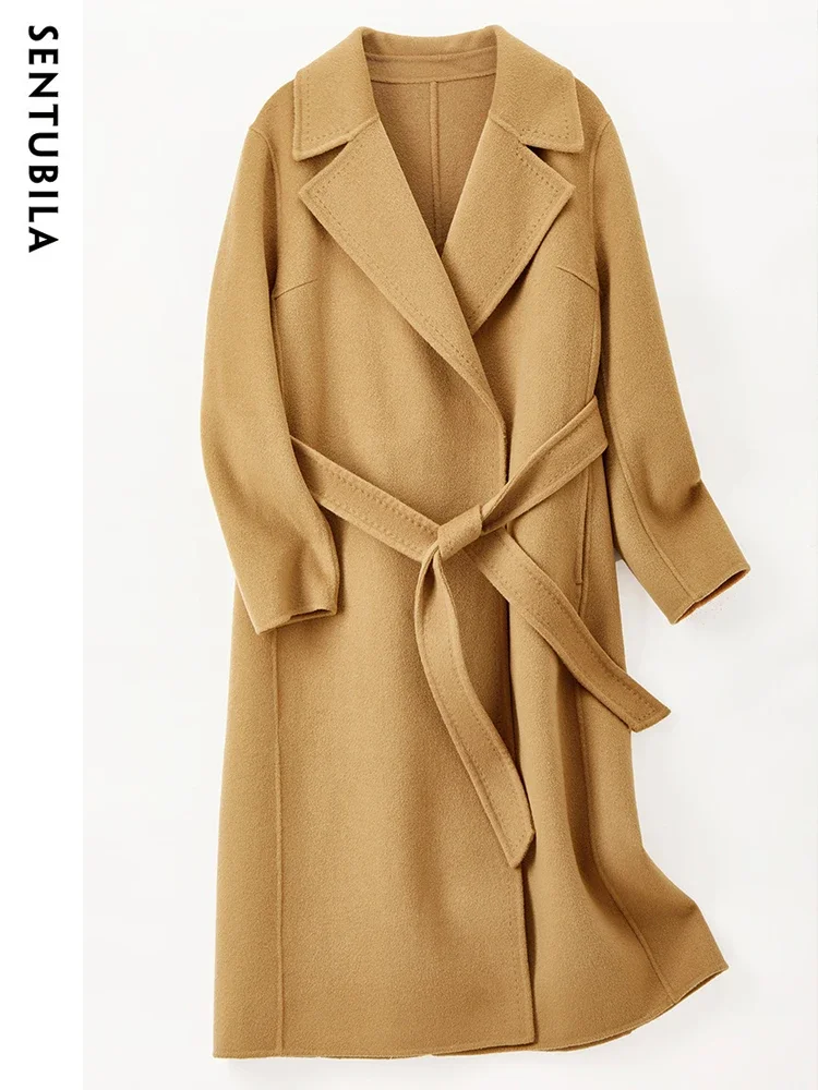 SENTUBILA Women 100% Wool Long Wrap Coat 2024 Elegant Notched Collar Belted Warm Double Faced Woolen Winter Overcoat W24O43352