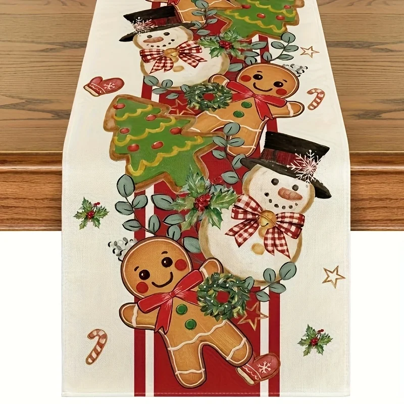 1pc, Dokriy, Gingerbread Snowman Christmas Table Runner, Seasonal Winter Tree Kitchen Dining Table Decoration for Home Party Dec