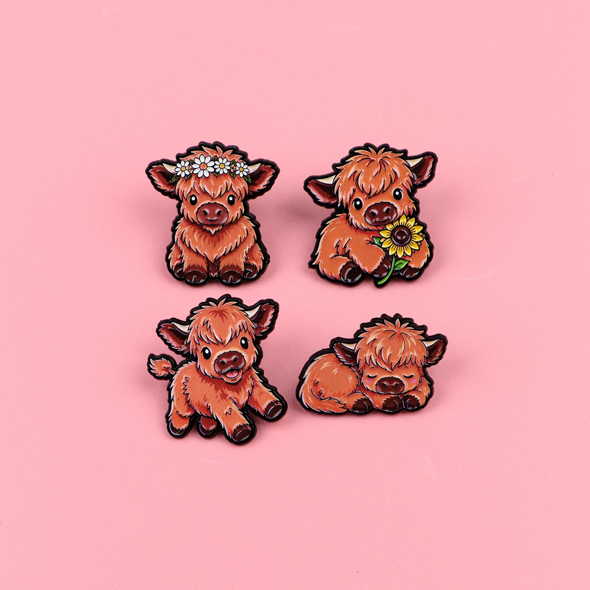 Cute Highland Cow Enamel Pins Cartoon Cow Sunflower Daisy Flower Lapel Brooches Denim Jacket Backpack Farm Animal Jewelry Gift view 2