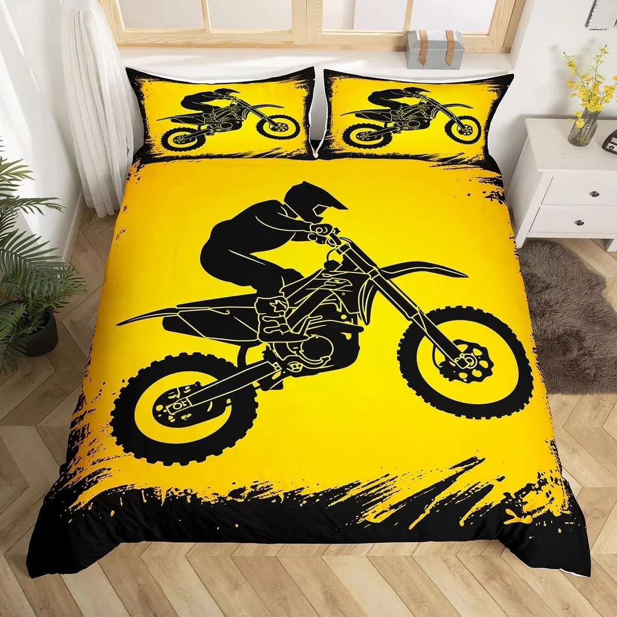 Kids Dirt Bike Duvet Cover Twin Queen, Extreme Sports Bedding Set Motocross Rider Comforter Cover Set Motorcycle Bedspread Cover