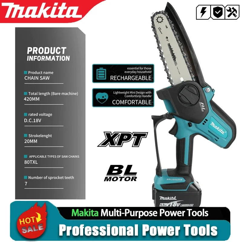 Makita 18V Akku-Kettensäge für Holzarbeiten mit Kleiner Handgeführter Elektrischer 6-Zoll-Säge Mini Tragbare Kettensäge