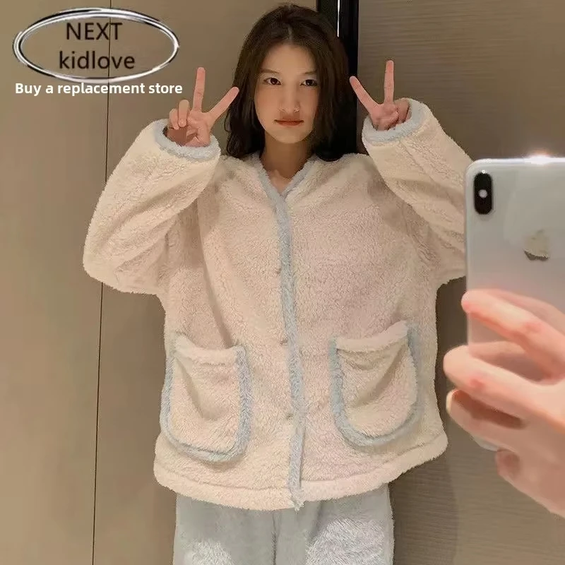 

Женский пижамный комплект, одежда для сна, домашняя одежда, коралловый флис на утолщенной подкладке, теплая осенне-зимняя домашняя одежда, ночная рубашка, костюм, верхняя одежда