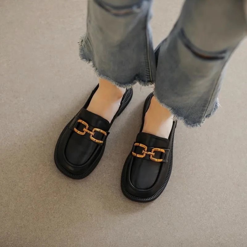 

Soft Leather Loafers Women English Style Autumn Black Fashion Thick Bottom Slip-on Shoes Leather Stripe Decoration Square Buckle