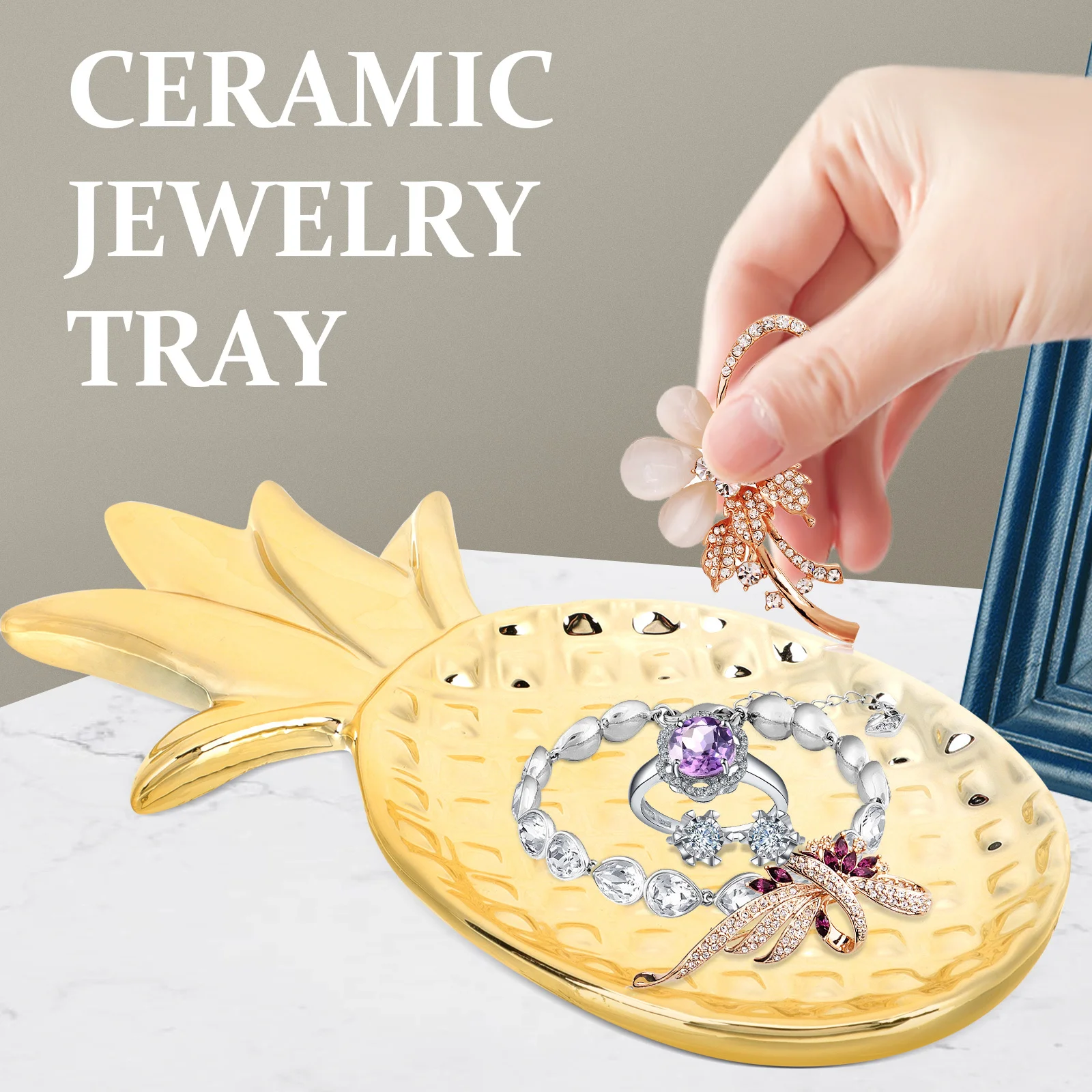

Golden Ceramic Pineapple Jewelry Tray Oversized Storage for Rings Earrings Bracelets Decorative Organizer Plate for Dresser