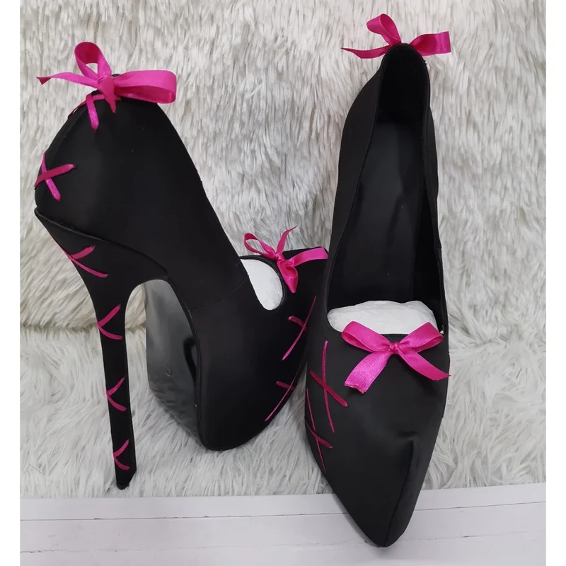 Black Lace Up Bow Knot Slip On Pumps Pointed Toe Thin High Heel Fashion Sexy Summer Big Size 2024 Woman Shoes Zapatillas Mujer