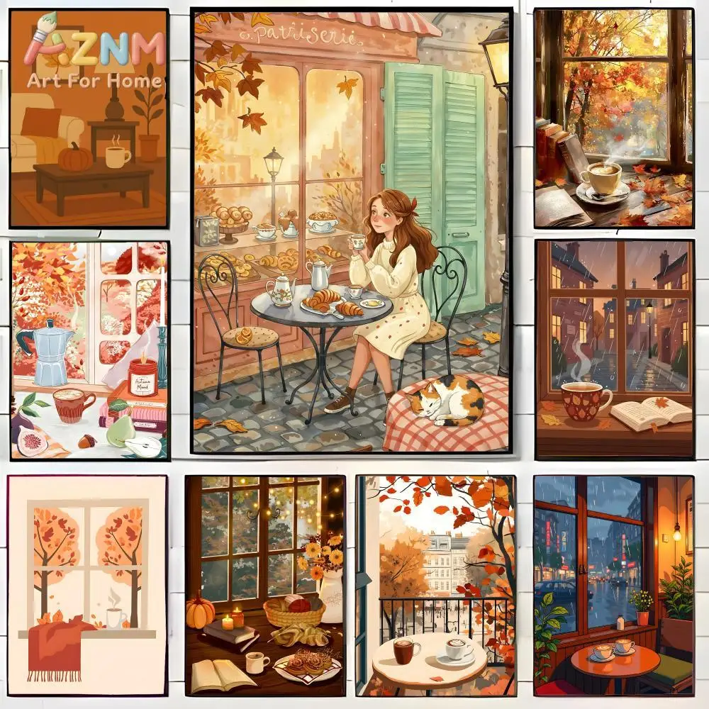 AZNM, Cozy Autumn Coffee Time Canvas Wall Art, 2D Flat Frameless Print, Warm Fall Indoor Tea‑Time Illustration Painting, Home Wa