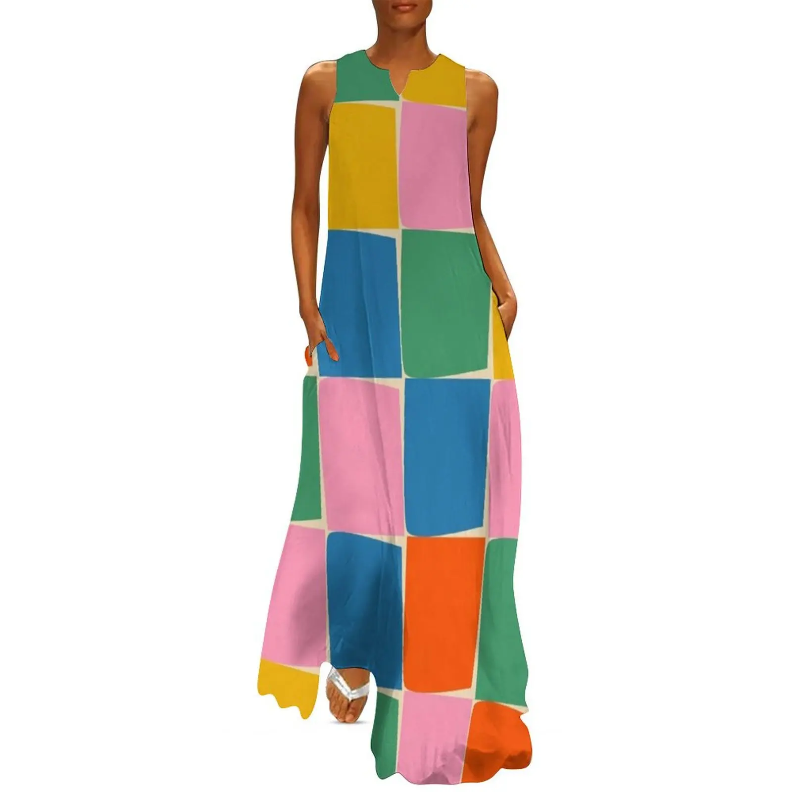 Flux Modern Check Colourful Grid Pattern in Rainbow Pop Colours Long Dress summer dress daily dresses summer woman 2024