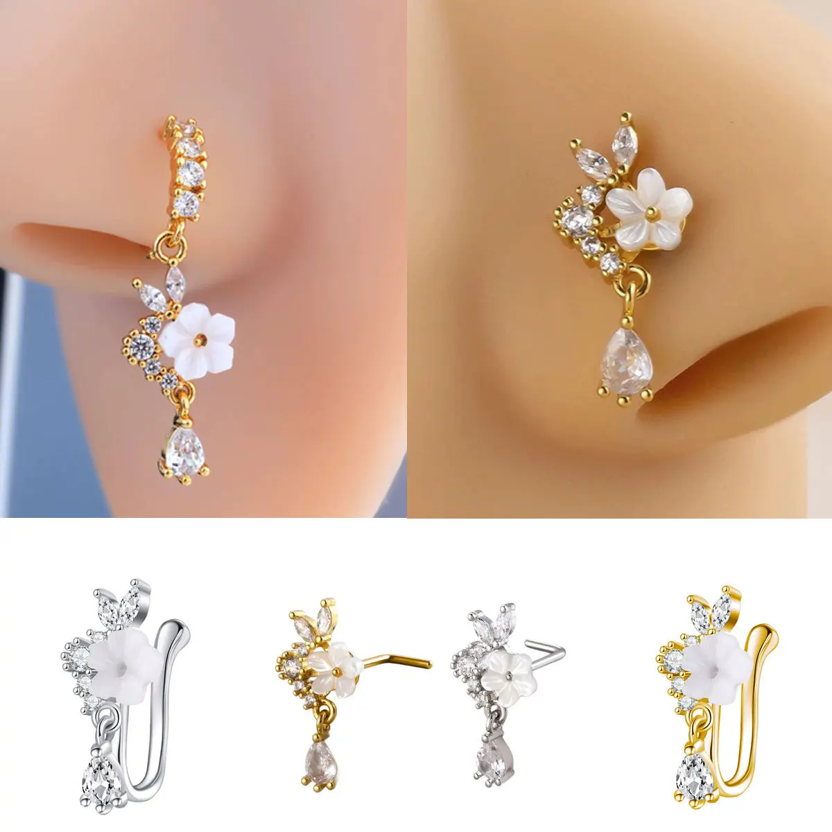 Fairycore Nose Ring Aesthetic Floral Nose Cuff Sparkling Teardrop Dangle Stud L Shaped Nose Piercing Group for Women Girls