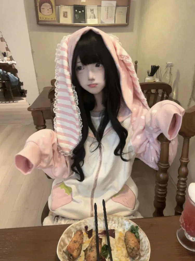 Sudadera con capucha japonesa con estampado de conejito rosa Kawaii para mujer, jersey de lunares con orejas grandes a la moda, chaqueta, abrigo nuevo