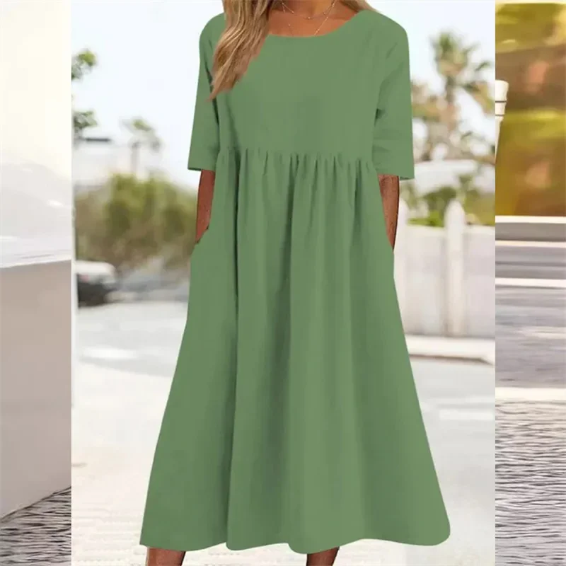 Summer Cotton Linen Double Pockets Dresses Women Casual Loose Splicing Pleated Hem Dress Female Solid Color O Neck Pullover Gown