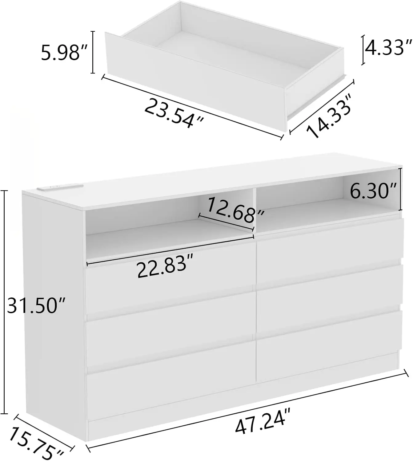 6 Drawer Double Dresser with Power Outlet, Accent Chests of Drawers with LED Light, Modern White Storage Dresser with Charging