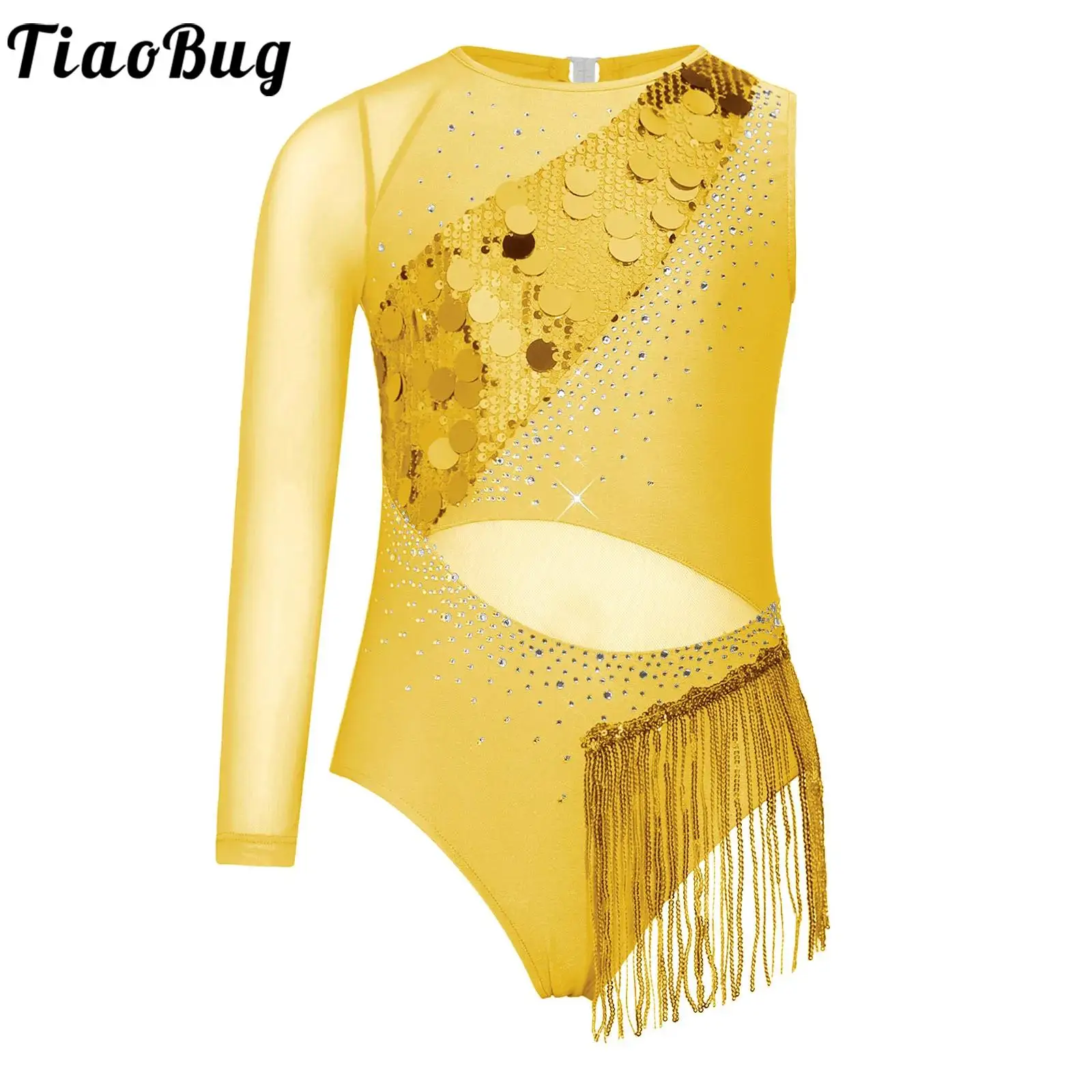 Kids Girls Latin Dance Performance Costume Gymnastic Ballet Dancewear Rhinestones Sequins Leotard Mesh Patchwork Fringe Bodysuit