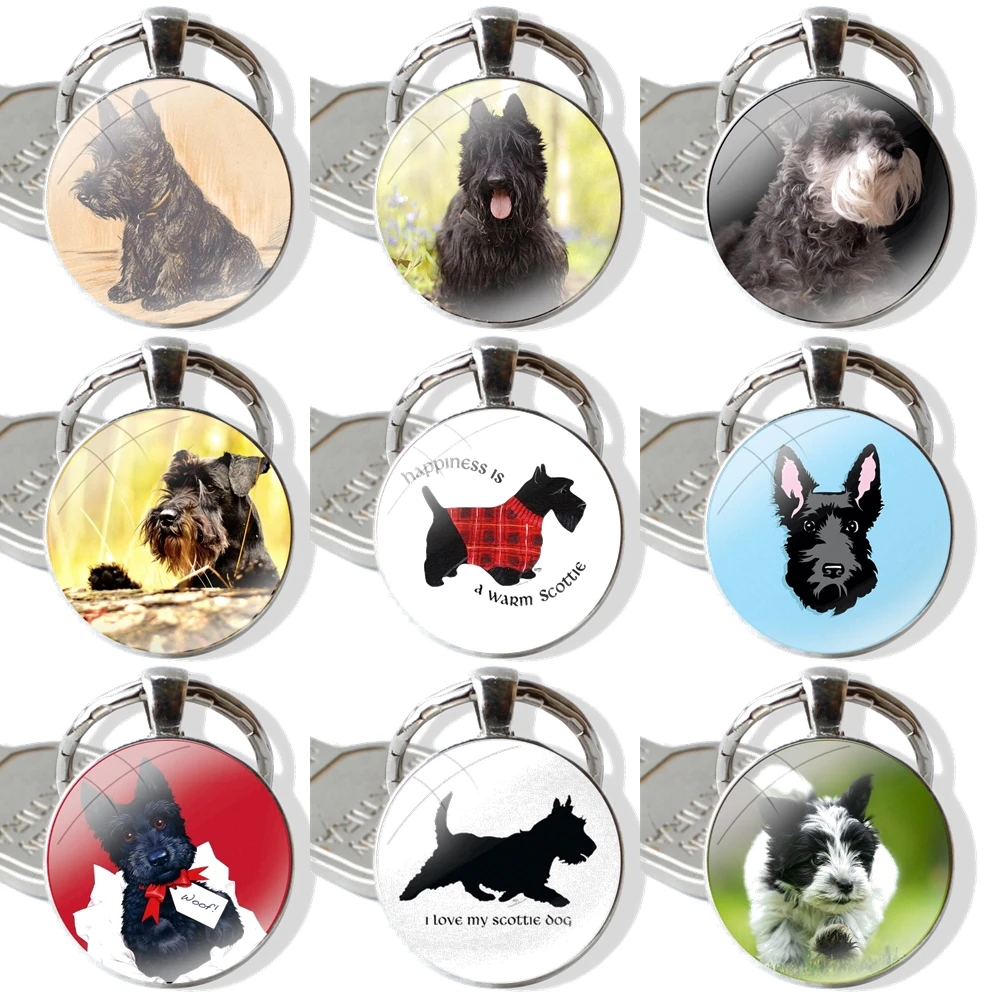 Black and White Scottish Terrier Dog Keychain Handmade Glass Cabochon Key Ring Holder Pendant Key Chains