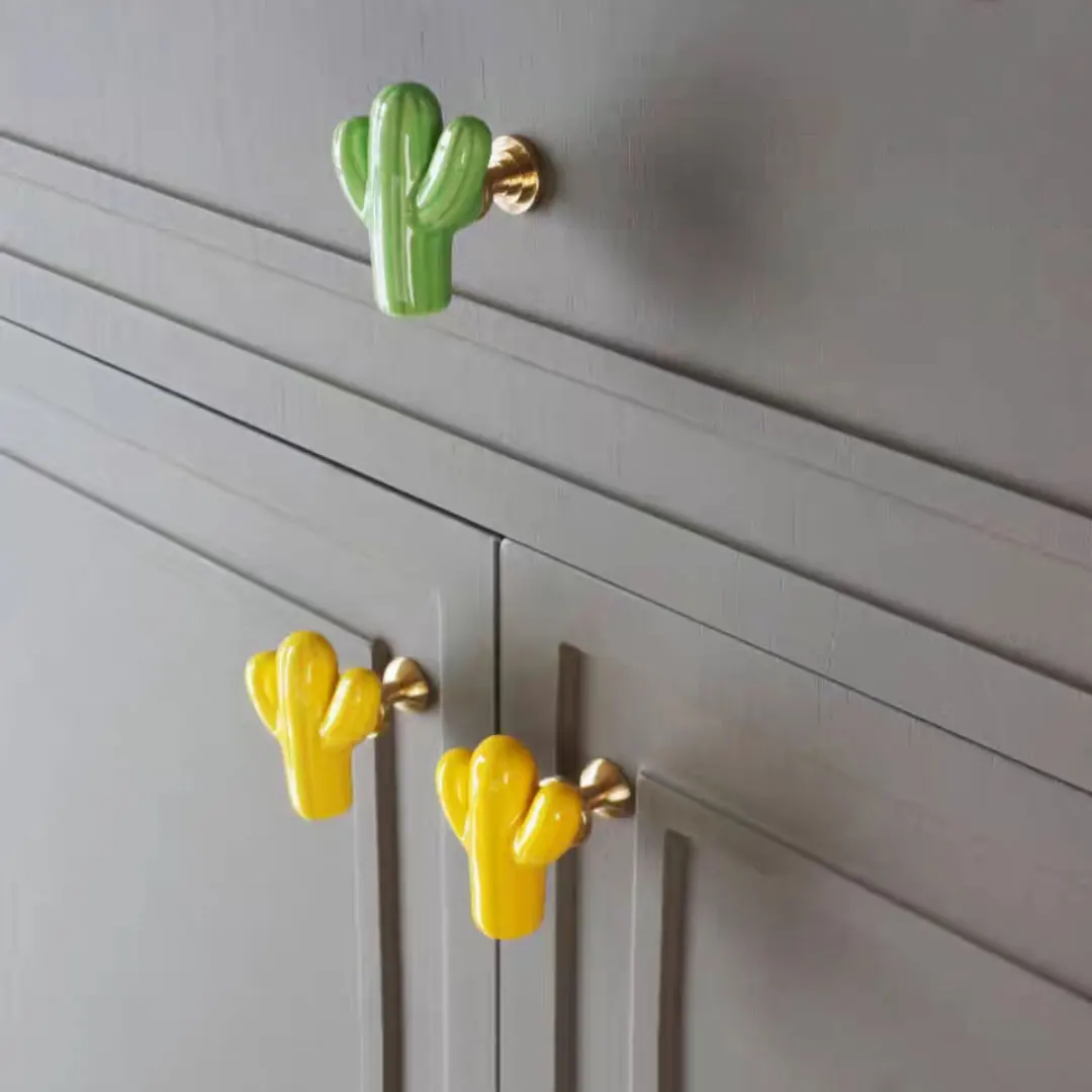 1 PC Ceramic Furniture Handles Cute Cactus Shape Cabinet Knobs Cartoon Children's Room Wardrobe Pulls Home Decor Drawer Handles