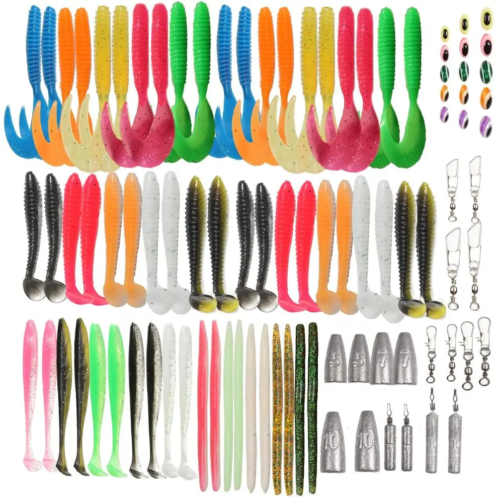 

93-Piece Soft Bionic Fishing Lures Set: Paddle Tail Swimbaits, Worms, Swivels, Snaps, Weights, and Beads for Bass