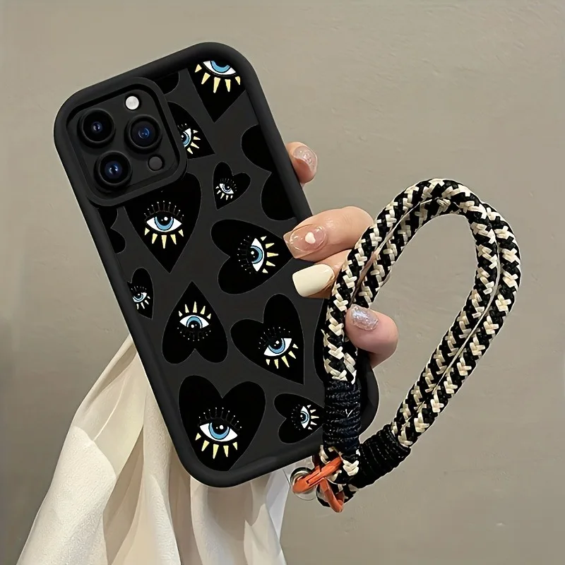 Funda de silicona mate a prueba de golpes con correa colgante de corazón negro y ojo para iPhone 16 15 14 16 Pro Max 14 Pro Plus 17E