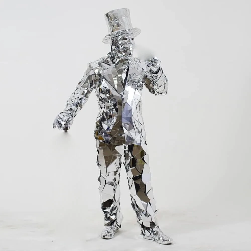 Men stage show robot dance suits silver mirror costume party halloween laser dance mirrors costumes