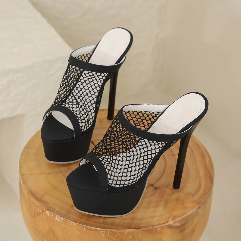 Size 42 Platform Slippers for Women Fashion Breathable Mesh Peep Toe Extreme High Heels Sandals Summer Shoes Lady Pumps 15CM