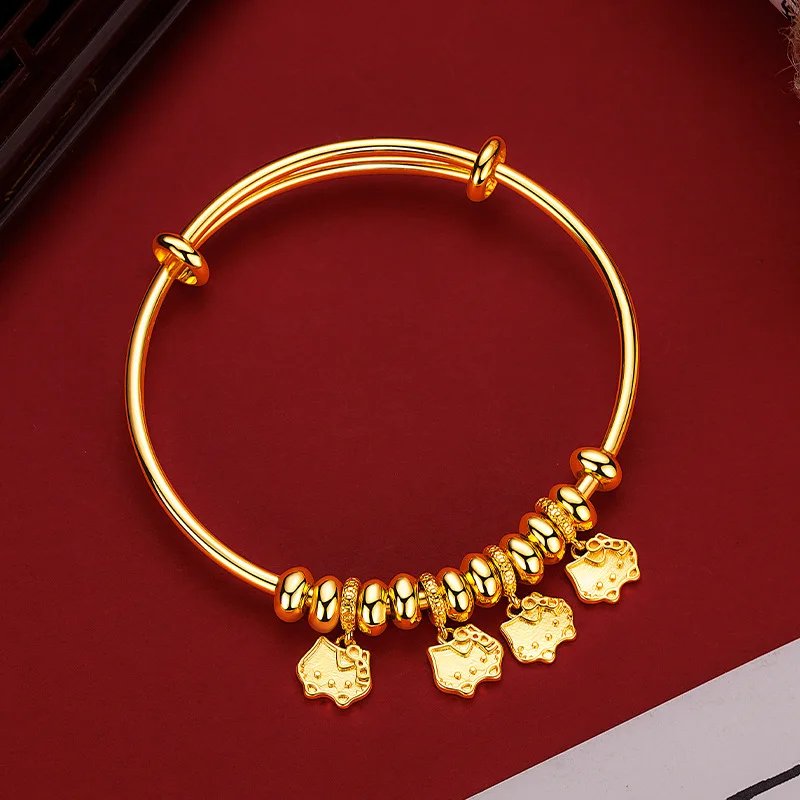 Women's 9999 24K Real Gold Niche Design Bead KT Cat Bracelet Cute and Fun Cat Push-pull Bracelet Gift Adjustable for Mom Mother