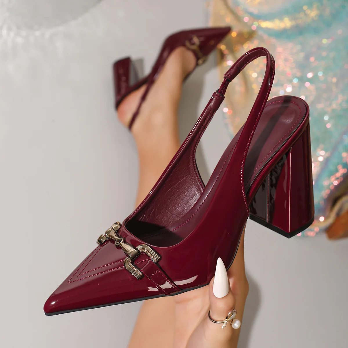 

Bloomsteps Party Back Strap Pointed Toe Women's Black High Heels Chunky Heel Rhinestone Backless Sandals