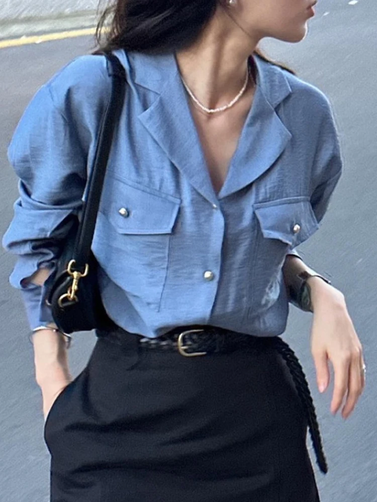 ヴィンテージスタイルルーズフィット女性のシャツ秋シーズンフレンチスタイル長袖カジュアルトップエレガントな人格スーツの襟デザイン