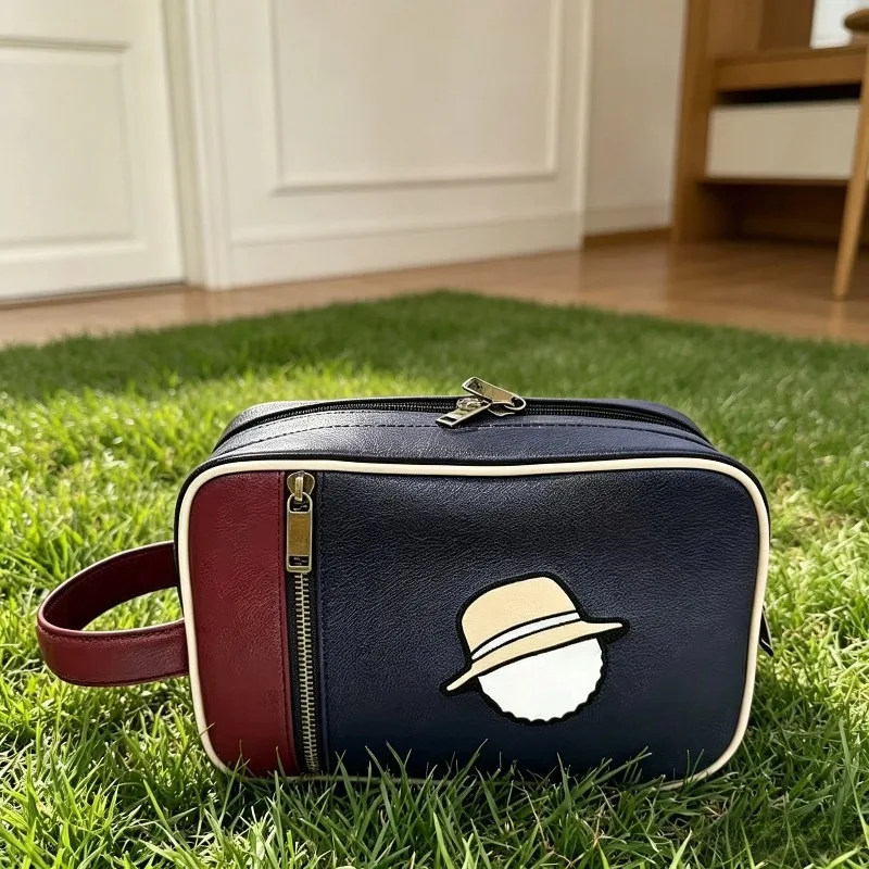 Vintage Color Block Golf Storage Pouch, Double Layer Divided Handheld Wash Bag, Portable Cosmetic Hand Bag for Golf Accessories
