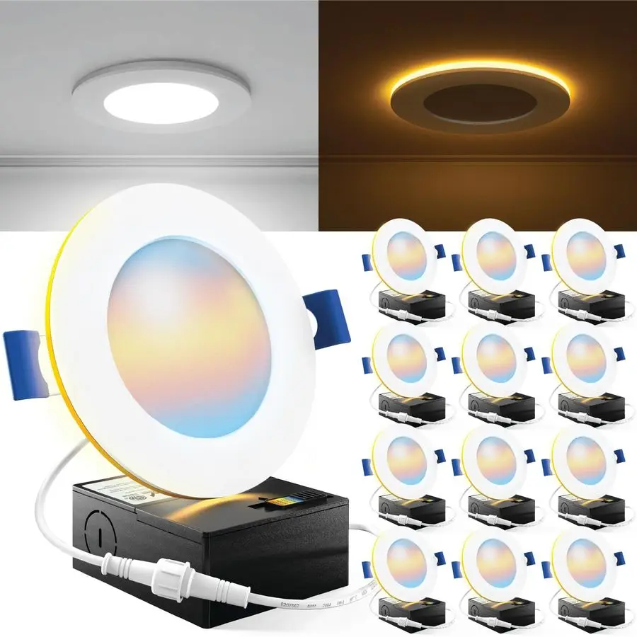 

Набор из 12 светодиодных встраиваемых светильников 4 дюйма с ночником, тонкое потолочное освещение, 900 лм, 11 Вт (эквивалент 110 Вт), с возможностью выбора цветовой температуры 2700K 3000K 3