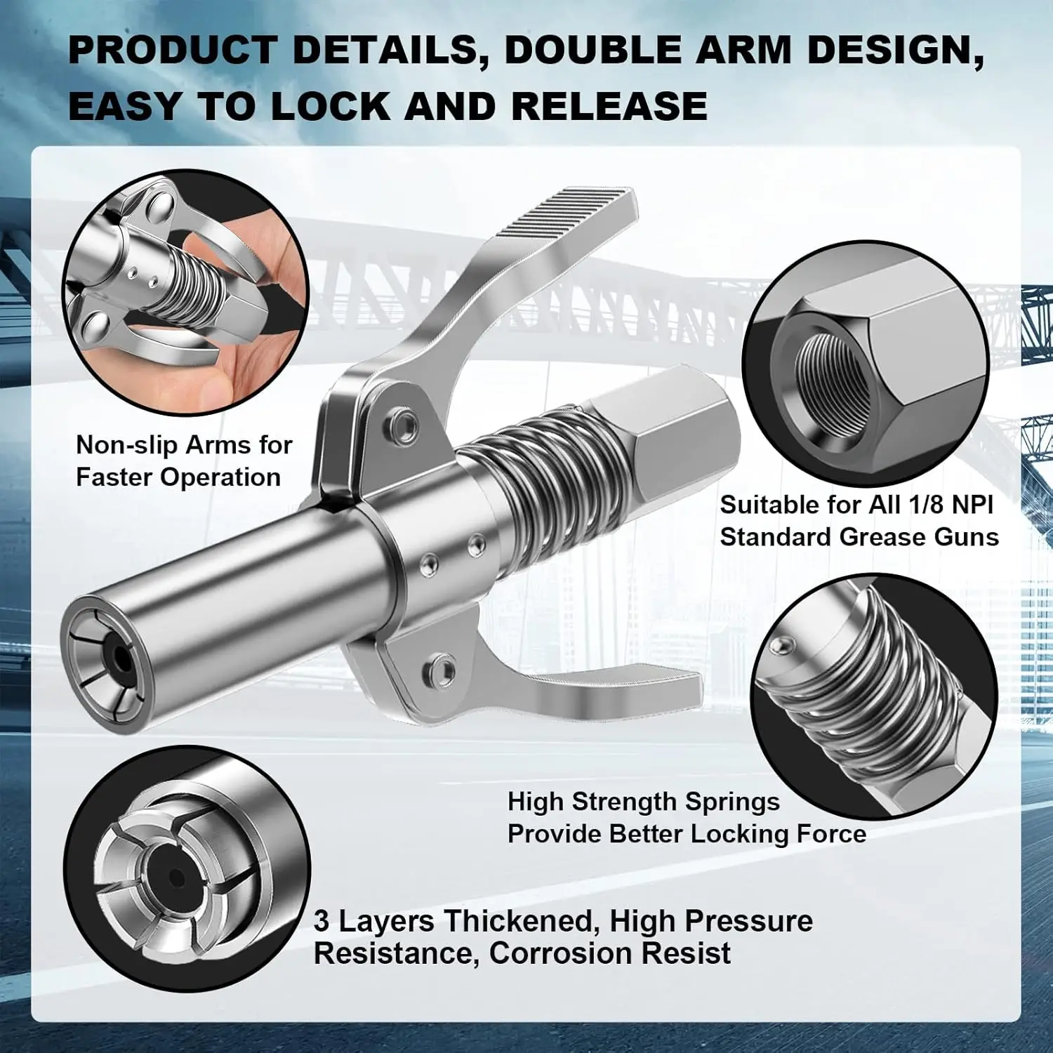 Grease Gun Coupler, 6 Jaw Locking 1/8