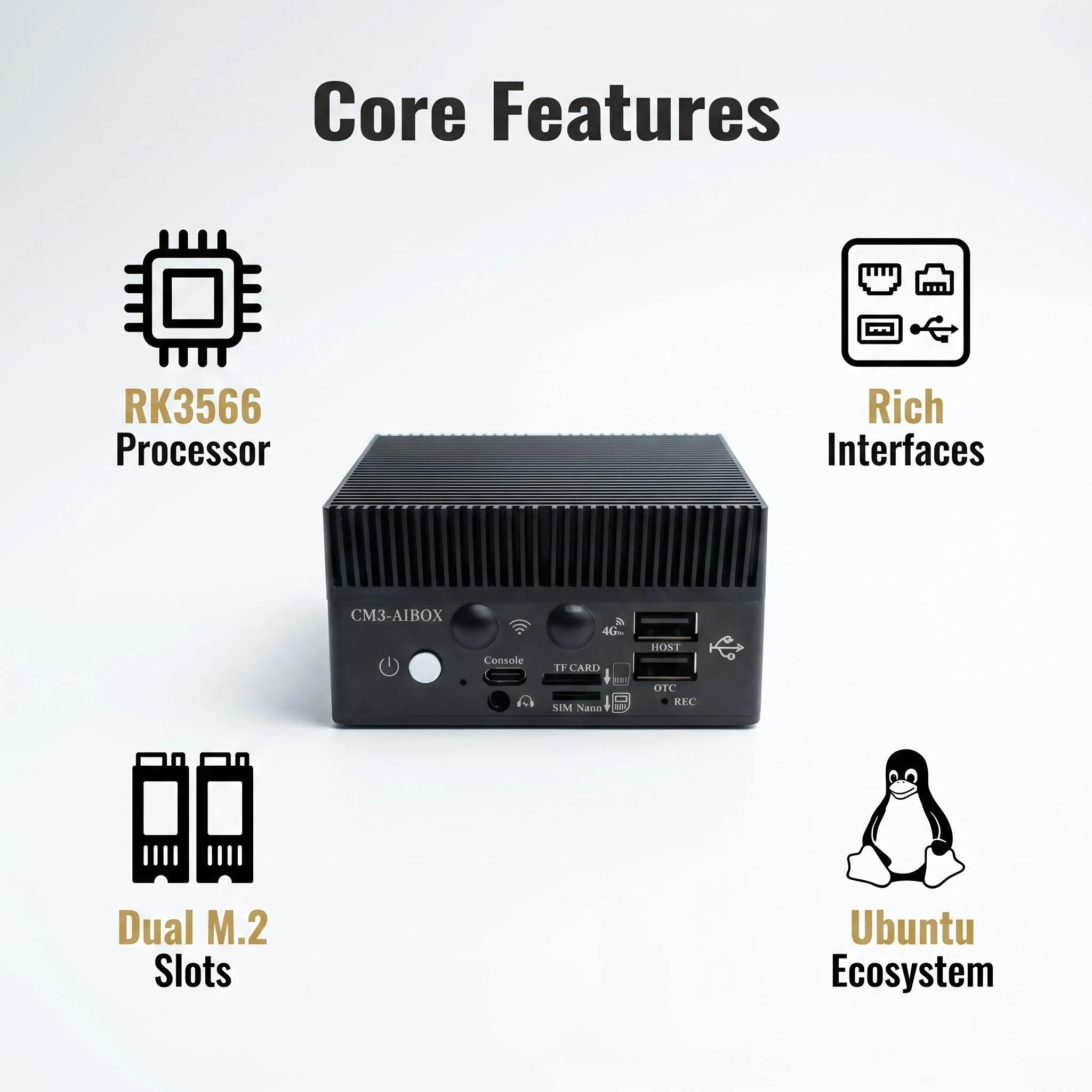 TM-CM3-ABOX Edge AI Computing Box with Rockchip RK3566 NPU for AI Acceleration, Pre-installed Ubuntu24.04 Opensource
