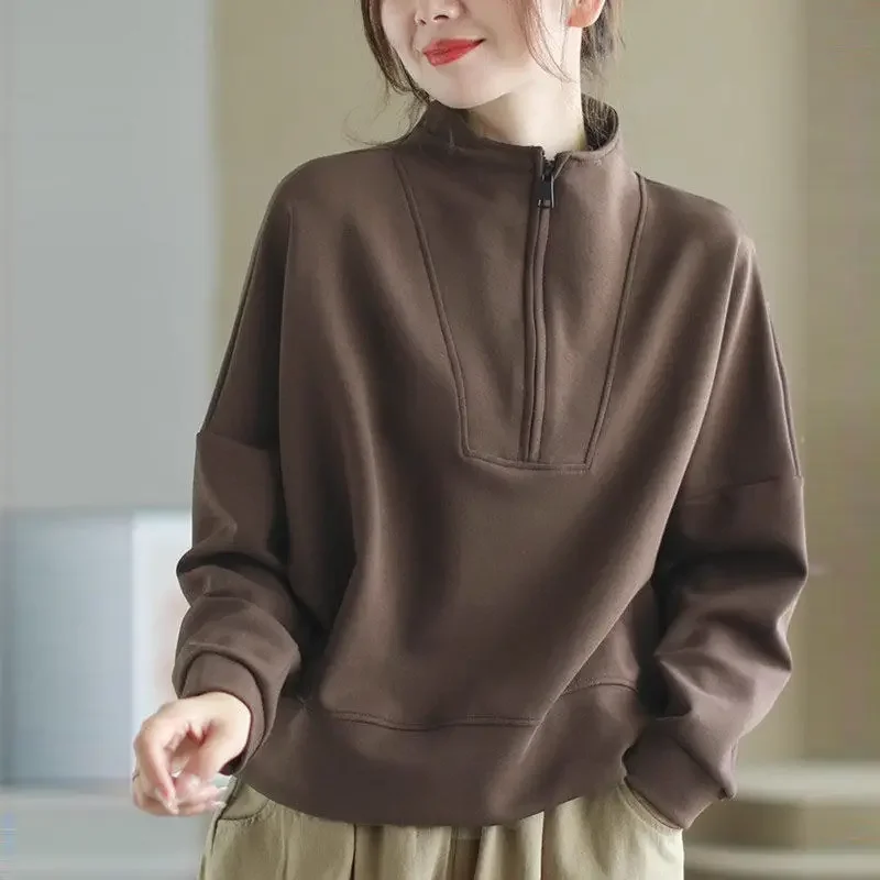 Stand-collar Half-zipper Sweatshirt Women Autumn Winter Long-sleeved Pullover Casual Top Loose Women's Clothing