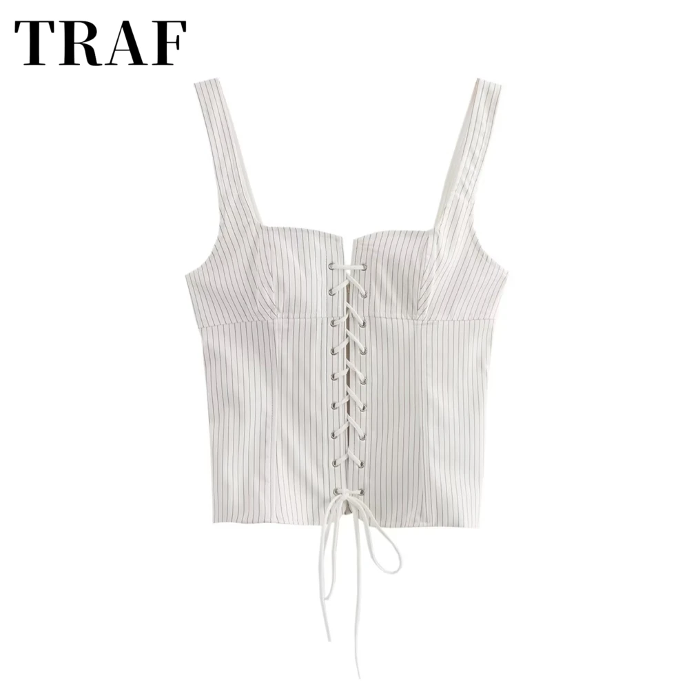 TRAF summer new fashionable versatile women\'s clothing spicy girl style strap design striped camisole vest short top