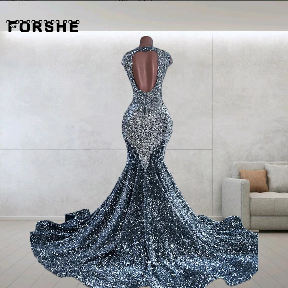 Luxury Gray Prom Dresses For Women Scoop Beading Crystal Mermaid Party Gown Vestidos De Gala Black Girls Evening Wear Customized