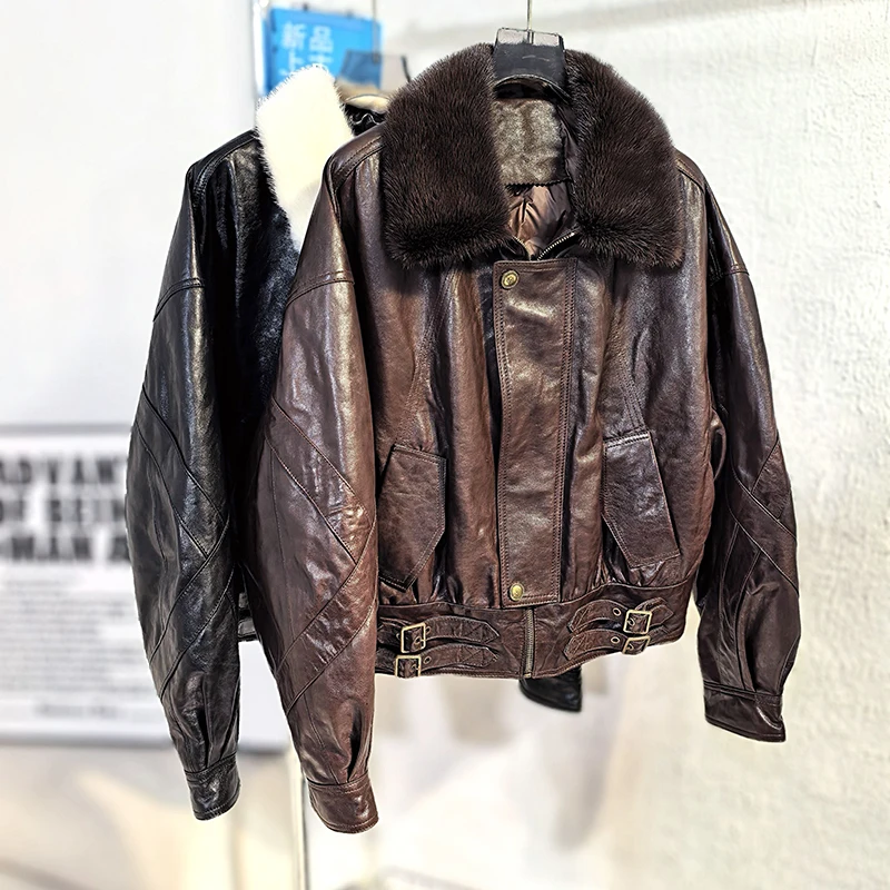 

High Quality Leather Jacket Winter Female Imported Mink Fur Collar Motorcycle Zipper Short Sheepskin Goose Down Coat Ropa Mujer
