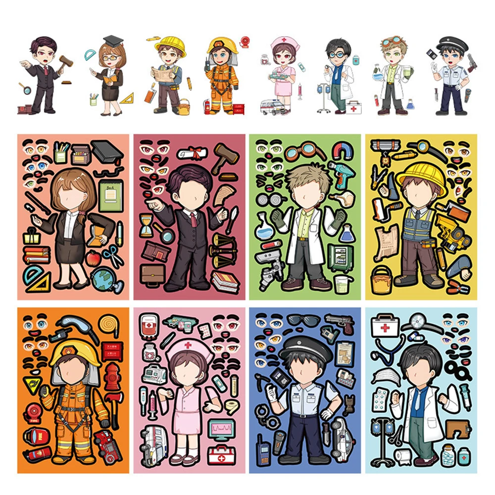 

8/16sheets Funny DIY Professional Attire Puzzle Stickers Policeman Firefighter Make a Face Assemble Jigsaw Toy Party Reward Gift