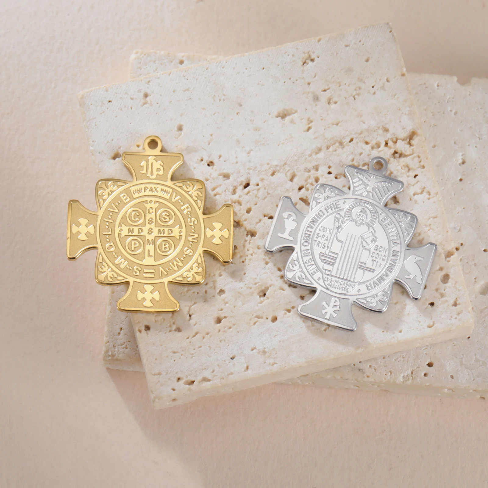 St Benedict Medal Cross Pendant Double Hole Stainless Steel Amulet Catholic Protective Amulet Religious Charm DIY Jewelry Gift