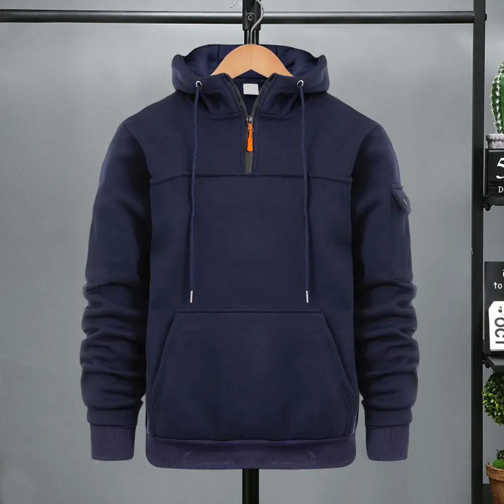 

Men Fall Winter Hoodie Solid Color Drawstring Long Sleeves Big Pocket Hooded Retro Thin Loose Daily Wear Casual Sport Top