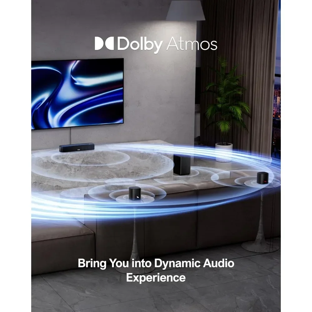 شريط صوت 5.1 قناة مع Dolby Atmos، نظام صوت محيطي للتلفزيون، التحكم في التطبيقات، نظام صوت المسرح المنزلي، مكبرات صوت للتلفزيون مع Subwoo