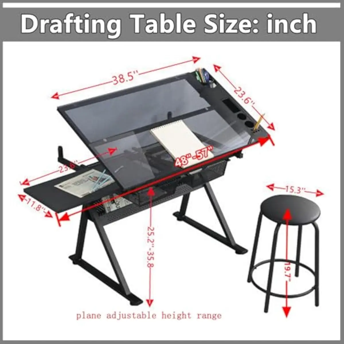 Adjustable Glass Drafting Desk for Creative Workspaces Featuring 0-75° Tilt Range 16-Position Locking Mechanism Height Adjustabl