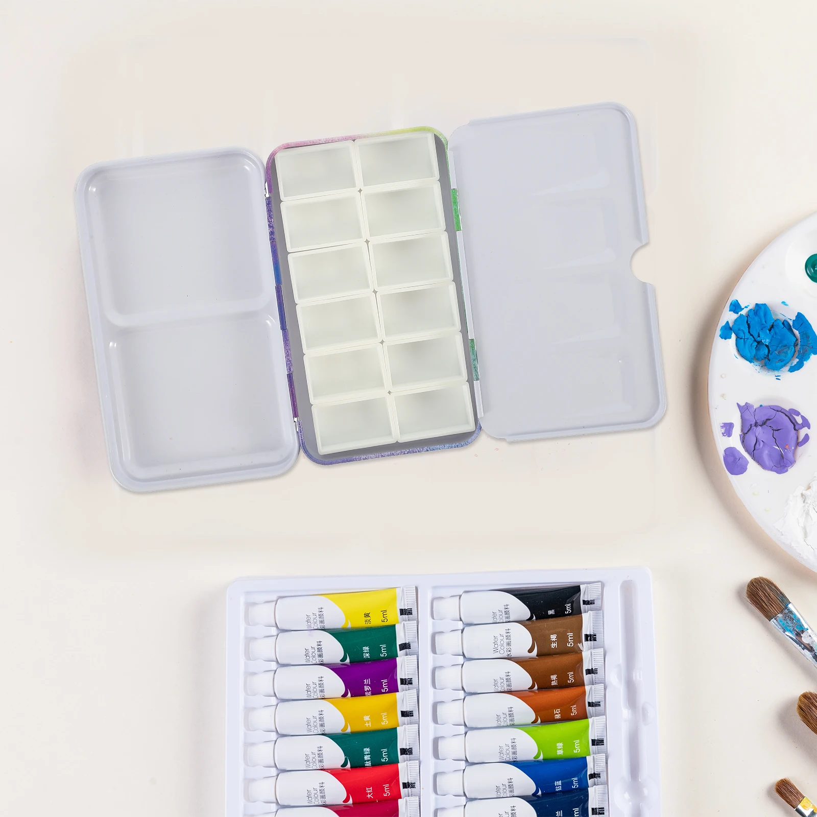 

1 Set Watercolor Pigment Box Iron Mixing Plate Color Holder Portable Painting Case Compartments Artists Students Durable Pp Tin